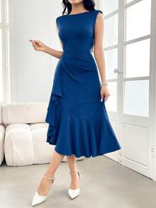 Feyla Women's Solid Color Sleeveless Ruffle Lace Trim Bodycon Dress Long Evening Dresses - Blue - View 6