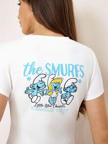 SHEIN X The Smurfs Camiseta Feminina Curta de Manga Curta com Gola Redonda e Estilo Fofo - Branco - Visão 6