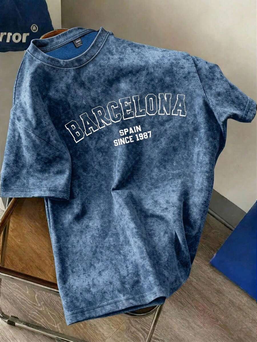 Manfinity Joysei Men's 60% Cotton Washed Blue Short Sleeve T-Shirt - Blue - View 1