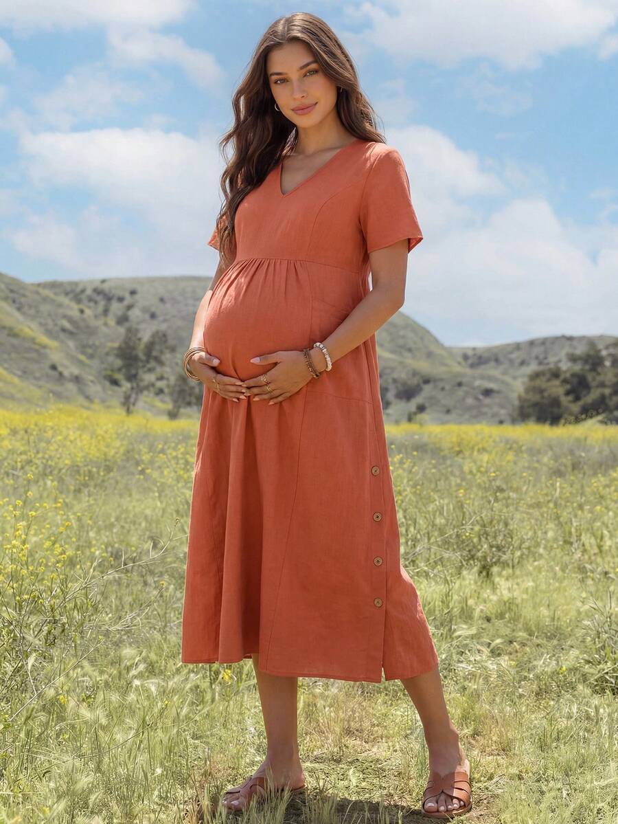 Boho Mama 孕妇夏季休闲纯色纽扣装饰连衣裙 - 橘色 - 查看 1