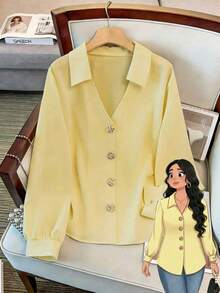 GlowEve CURVE Plus Size Women V-Neck Long Sleeve Smooth Fabric Elegant Rose Gold Metal Decor Button Pullover Shirt, Autumn/Winter - Yellow - View 1