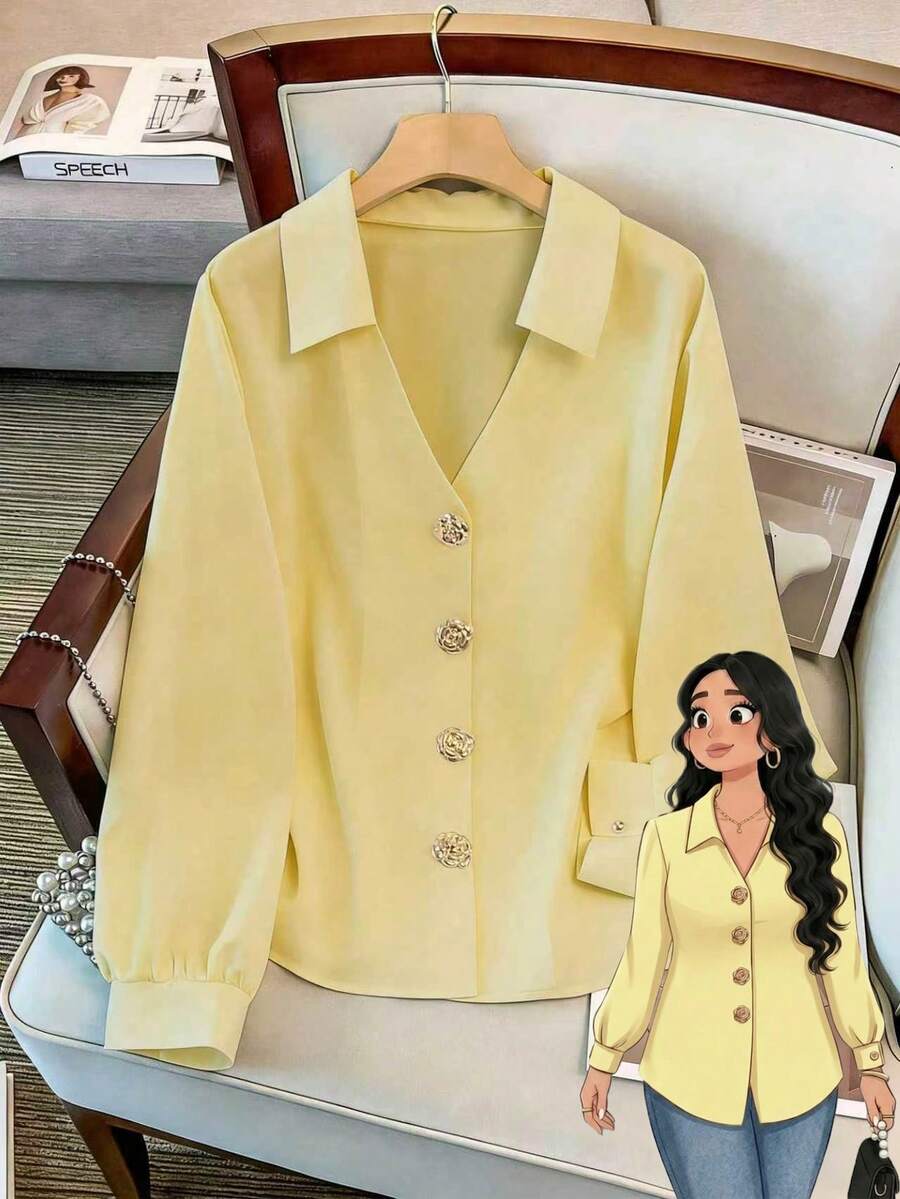 GlowEve CURVE Plus Size Women V-Neck Long Sleeve Smooth Fabric Elegant Rose Gold Metal Decor Button Pullover Shirt, Autumn/Winter - Yellow - View 1