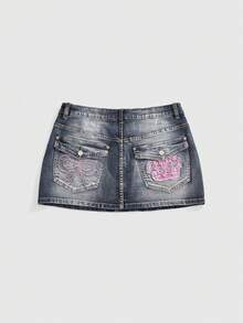 ROMWE J-Fashion Váy mini denim dáng ôm, màu hồng Millennium, thêu hình vương miện và nơ, cỡ lớn, cạp chun, họa tiết vintage (bao gồm cả quần legging lót). - Màu xanh lam - Xem 1