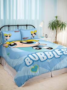 THE POWERPUFF GIRLS X SHEIN 三件套蓝色卡通印花被套，柔软磨砂面料，天蓝色被套，心形、星星、卡通人物图案，多种尺寸可选，适用于单人床、双人床、特大号床和加大号床。 - 藍色 - 查看 2