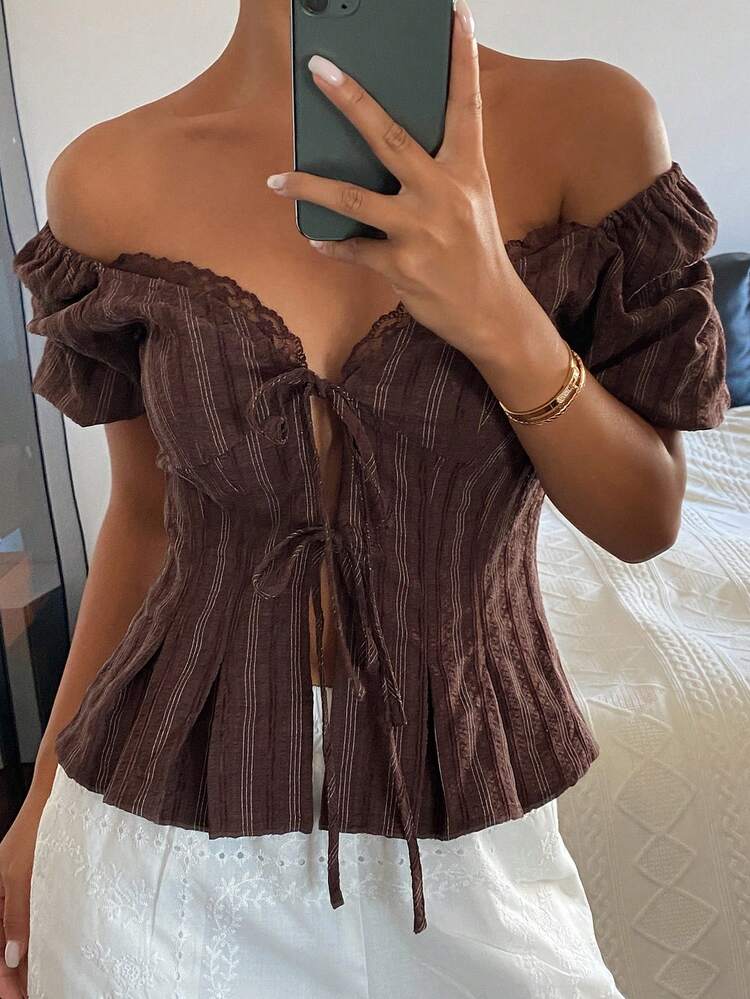 Striped Waist Pleated Lace Tie Petal Sleeve Elegant Summer Blouse For Women