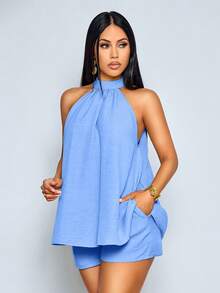 SOLERSUN 性感优雅的休闲沙滩度假两件套，薄荷绿露背吊带上衣，下摆不规则设计，搭配同色系短裤。约会和派对的完美之选。春夏女装，复古富贵风。 - 淺藍色 - 查看 8