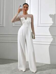 Women Pearly And Tulle Detailed Jumpsuit - White - View 4