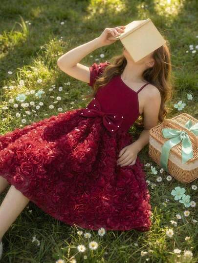 Glamorique Kids Vestido elegante de niña de manga abullonada con perlas de color rojo vino, vestido con hombro oblicuo, gran lazo y dobladillo con flores 3D para primavera/verano, para fiesta, cumpleaños, banquete