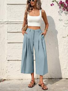SHEIN Holidaya Women's Casual Linen Capri Pants, Suitable For Leisure, Beach, And Home - Dusty Blue - View 6