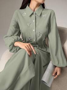 Modelyn Women's Rhinestone Flower Decor Long Sleeve Single-Breasted Drawstring Waist Jacket And Pants Casual 2 Pieces Set - Green - View 5
