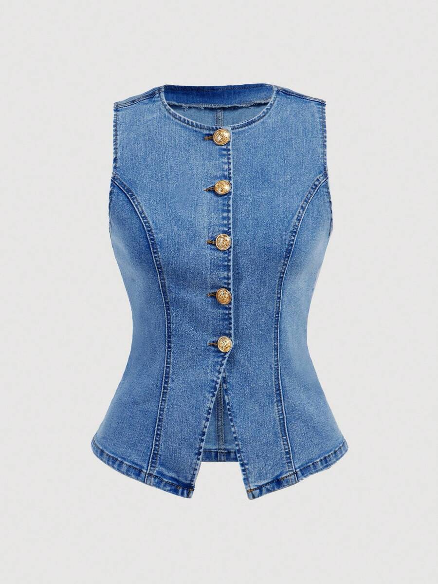 SHEIN MOD 女款休閒無袖水洗前開鈕扣牛仔上衣，夏季