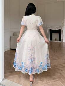 Modelyn 女士系带腰部褶皱印花喇叭连衣裙 - 彩色 - 查看 2