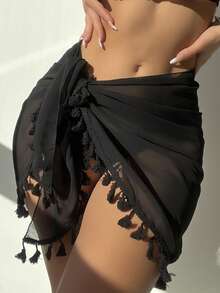 SHEIN Swim Summer Beach Women's Mesh Sheer Cover Up Skirt With Tassel Hem - Black - View 3