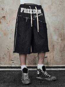 ROMWE MEN Street Life Men's Letter Print Frayed Hem Drawstring Waist Slant Pocket Casual Denim Shorts - Black - View 4