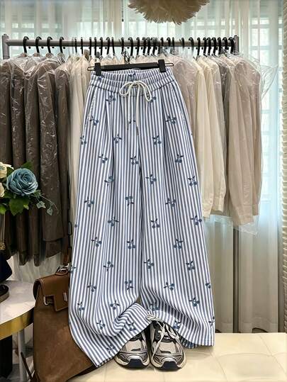 Resyla Pantalones casuales de mujer a rayas, pantalones rectos sueltos con estampado de cerezas y rayas, ligeros, con cordón en la cintura, adecuados para uso diario y deportivo, pantalones casuales de todas las temporadas, diseño elegante y cómodo, pantalones de punto a rayas casuales y delgados