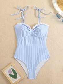 Traje de baño de una pieza ajustado y sexy con rayas, para vacaciones, celebraciones y verano en la playa - Azul y blanco - Ver 7