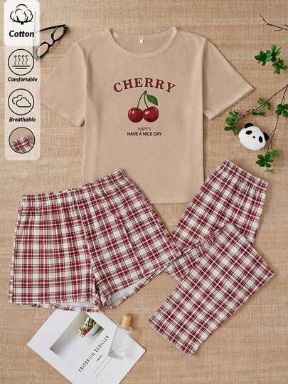 SHEIN Women PLUS SIZE 3pcs Cotton Round Neck CHERRY Lettered Short Sleeved Shirt& Plaid Pattern Shorts&Long Pants Homewear Comfort Lounge Pajama Set