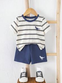 SHEIN 2件套幼儿男女宝宝休闲可爱恐龙印花短袖T恤和短裤套装，男宝宝服装，男宝宝夏季服装，街头服饰 - 藏蓝色 - 查看 7