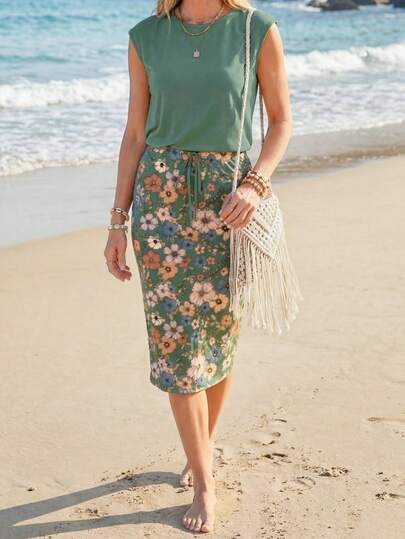 SHEIN LUNE Women 2-Piece Set: Casual Vintage Floral Print Short T-Shirt & Skirt, Suitable For Summer