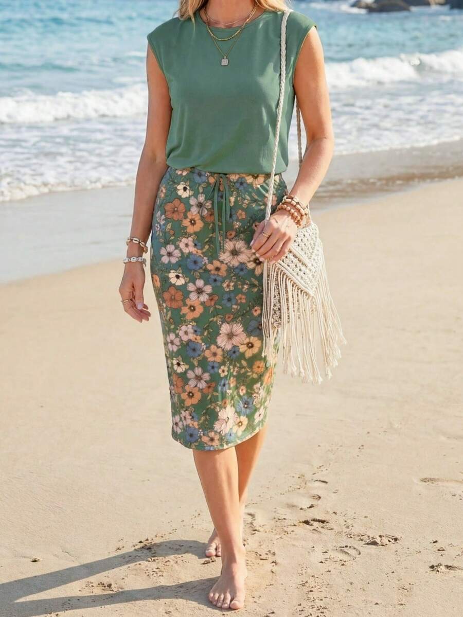 SHEIN LUNE 女士两件套：休闲复古印花短款T恤和半身裙，适合夏季穿着 - 彩色 - 查看 1