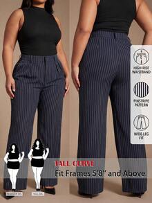 SHEIN Tall CURVE CURVE Plus Size Women's Tall Striped Wide Leg Pants,Navy Blue,Autumn,Casual,Elegant,Bussines,Formal High-Waisted Straight Office Ceremony Long Pants - Navy Blue - View 1