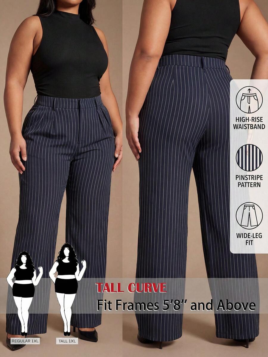 SHEIN Tall CURVE CURVE Plus Size Women's Tall Striped Wide Leg Pants,Navy Blue,Autumn,Casual,Elegant,Bussines,Formal High-Waisted Straight Office Ceremony Long Pants - Navy Blue - View 1