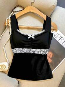 Glimmora Blusa sin mangas con adorno de encaje de color contrastante, elegante para el verano - Negro - Ver 3