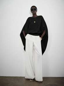 Lumivelle Women's Solid Color Boat Neck Batwing Sleeve Loose Cropped Top,Black,Autumn,Elegant,Office Winter Tops Stylish Outfit For Dinner Birthday Party - Black - View 5