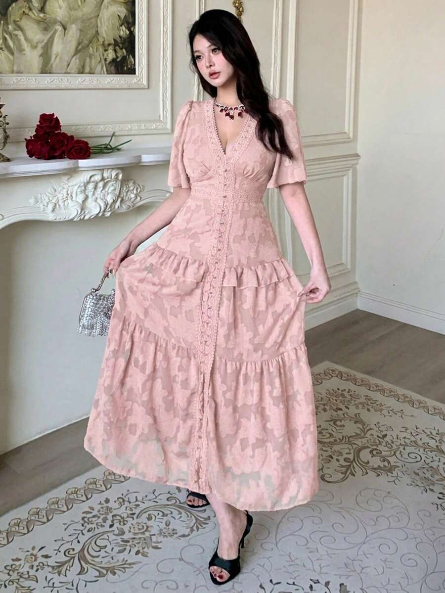 DAZY Đầm lửng nữ thanh lịch, chất liệu ren hoa văn phối ren, cổ chữ V, tay cánh hoa, thích hợp cho mùa hè. - Hồng - Xem 1