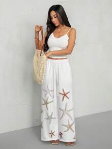 SHEIN PETITE 女士抽绳腰带口袋海星印花宽松阔腿运动裤，适合毕业季、返校季穿着，也适合教师穿着。 - 白色 - 查看 6