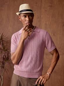 AKNOTIC Men's Casual V-Neck Cable Knit Top, Solid Color, Suitable For Summer Holiday & Daily Commute - Pink - View 6