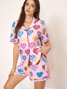TOM & JERRY X SHEIN Women's Comfortable Heart Print Shirt And Shorts Pajama Set, Summer - Pink - View 4