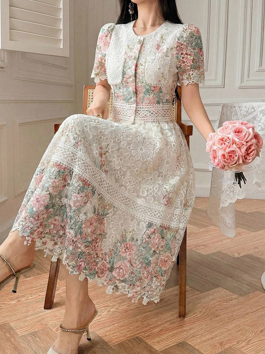 DAZY Bộ đồ 2 mảnh thanh lịch dành cho nữ, gồm áo và chân váy ren phối họa tiết hoa, thích hợp cho mùa xuân/hè. - trắng - Xem 1