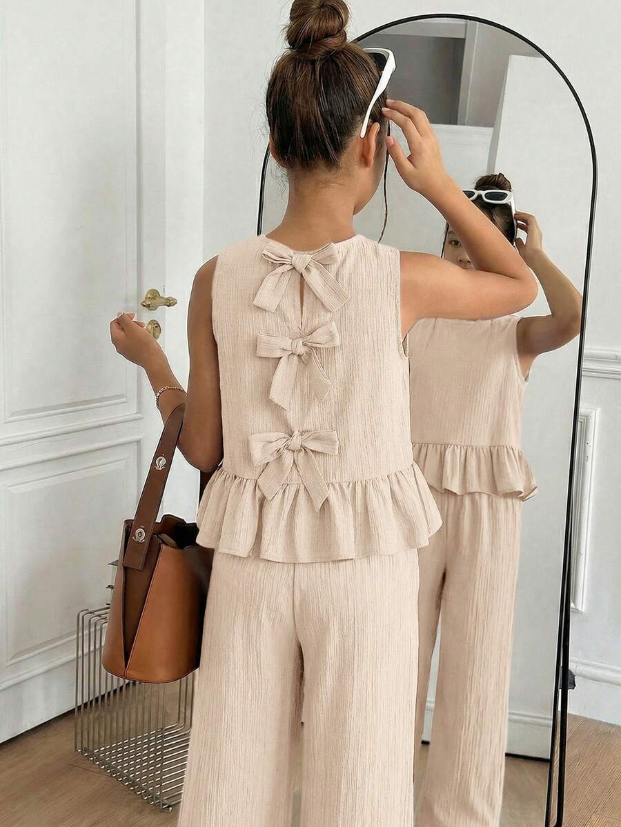SHEIN Teen Girl Spring/Summer Vacation Casual Fashion Purple Woven Textured Backless Bow Contrast Color Straight Leg Pants Leisure Suit,Outdoor - Khaki - View 1