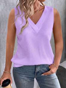 EMERY ROSE Nueva llegada Chaleco de mujer talla grande casual de cuello en V acanalado de color lavanda con capas - Púrpura malva - Ver 4