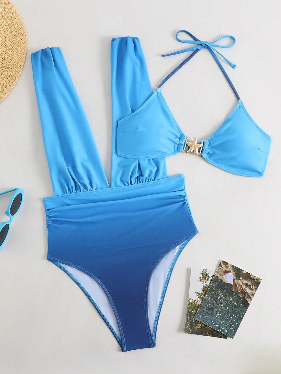 Swim Lushoire Bộ 2 áo tắm liền thân kiểu ombre, phong cách nghỉ dưỡng châu Âu và Mỹ với họa tiết kim loại lấy cảm hứng từ đại dương. - Màu xanh lam - Xem 1