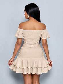Women's Fashionable Elegant V-Neck Off Shoulder Ruffle Sleeve Textured Mini Dress – Ruffle Sleeve Ruched Bodycon Double Ruffle Hem Party Dress For Club & Date Night,Women Ruffle Sleeve Ruched Bodycon Double Ruffle Hem Party Club Dress - Apricot - View 2