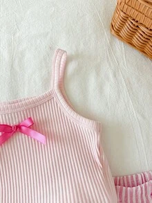 SHEIN 2件套女婴/幼儿甜美可爱粉色针织吊带背心和条纹短裤/裙子套装，女婴夏季服装，套装 - 粉色 - 查看 6