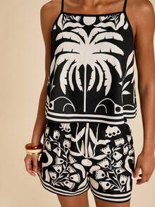 Travachic Women's Coconut Tree Print Camisole Top And Shorts 2 Pieces Casual Set - Black and White - View 3