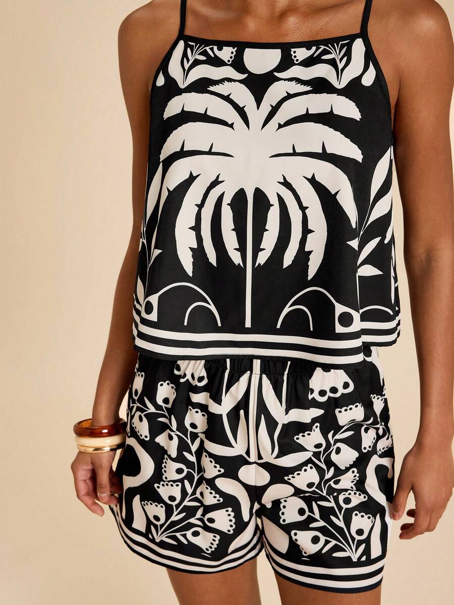 Travachic Women's Coconut Tree Print Camisole Top And Shorts 2 Pieces Casual Set - Black and White - View 1