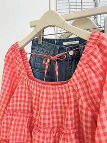 Franclia Nueva llegada de top con volantes en el bajo para mujer, estilo lindo de otoño - Rojo - View 8