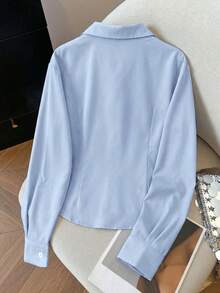 Modelyn Áo kiểu dài tay cổ bẻ phối ren, thời trang, trẻ trung, thích hợp cho mùa xuân/hè. - Màu xanh lam - Xem 2