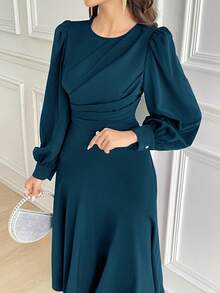 Modelyn Damen einfarbiges Midi-Kleid mit rundem Ausschnitt, Langarm, Lässig Plissee, lange Abendkleider - Taubenblau - Übersicht 4