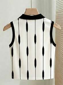 GlowEve CURVE Women's Black And White Knit Sleeveless Fitted Polo Neck Tank Top,Summer Elegant Smart Casual French Vacation Outfit,School Back-To-School Printed - Black and White - View 2