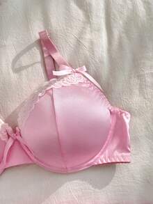 PetitDoll 2件套加大码甜美系列缎面拼接花卉蕾丝蝴蝶结装饰钢圈文胸套装 - 粉色 - 查看 8