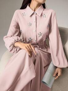 Modelyn 女士水钻装饰灯笼袖单排扣夹克和裤子两件套休闲套装 - 粉色 - 查看 5