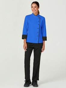 TaskEZ Women's Contrast Color Button-Up Collar Long Sleeve Work Uniform Chef Jacket In 3- 4th Sleeve For Women - Royal Blue - View 4
