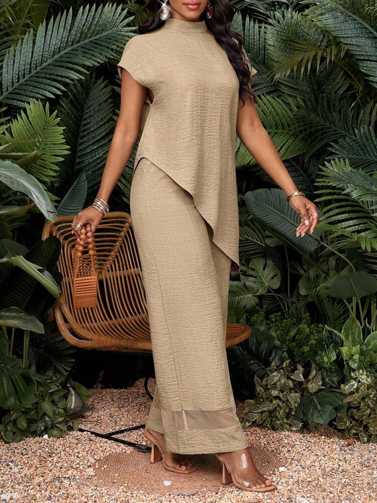 SHEIN Lady Conjunto Casual de 2 Peças com Camisa de Gola Alta e Assimétrica e Calça Pantalona Sólida para Mulheres Plus Size - Caqui - Visão 8