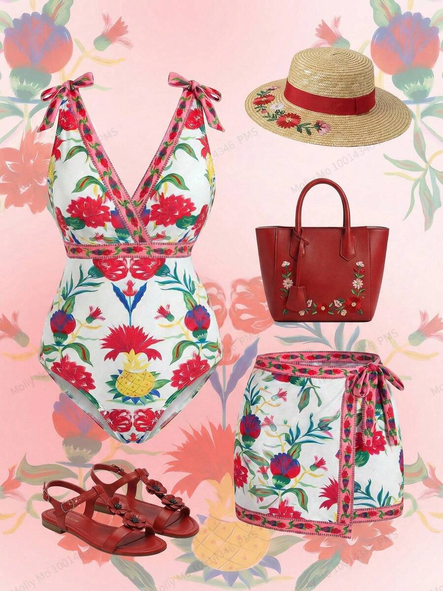 Swim Oasis Bộ đồ bơi 2 mảnh cỡ lớn dành cho nữ, hàng mới về năm 2026, họa tiết hoa, thời trang, kiểu dáng ôm sát, thắt nơ, thích hợp cho kỳ nghỉ, kèm chân váy ngắn in họa tiết đồng bộ, trang phục cao cấp. - Nhiều màu - Xem 1
