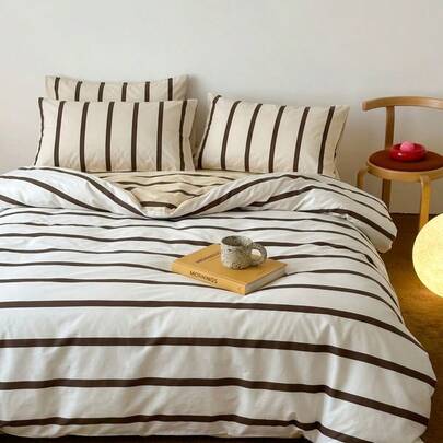 Joivida Bộ ga trải giường kẻ sọc phong cách Boho cỡ King màu be kem (2/3 món) - Chất liệu mềm mại như vải lanh | 1 ga trải giường + 1/2 vỏ gối (không kèm ruột chăn) với họa tiết kẻ sọc xám, thoáng khí, chất liệu 100% cotton đã qua xử lý, kiểu dáng trang trại, cỡ King.
